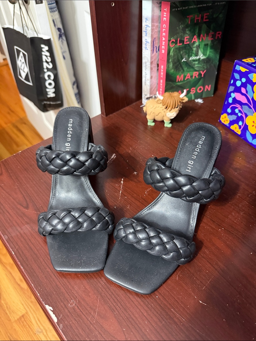 Madden Girl Black Braided Double-Strap Slide Heels